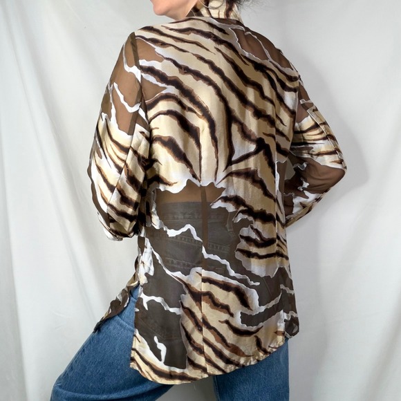 Sharon Young Tiger Zebra Silk Sheer Button Down Blouse Animal Print Brown M - Picture 13 of 14